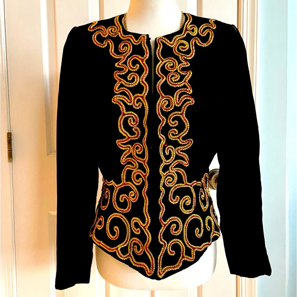 Neiman Marcus Black Velvet Top/Jacket w/Gold & Red Rope Art Deco Design. Size 6.